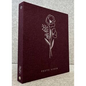 Burgundy Linen Photo Album Floral Silver Foil Post Bound Clear Sleeves Scrapbook